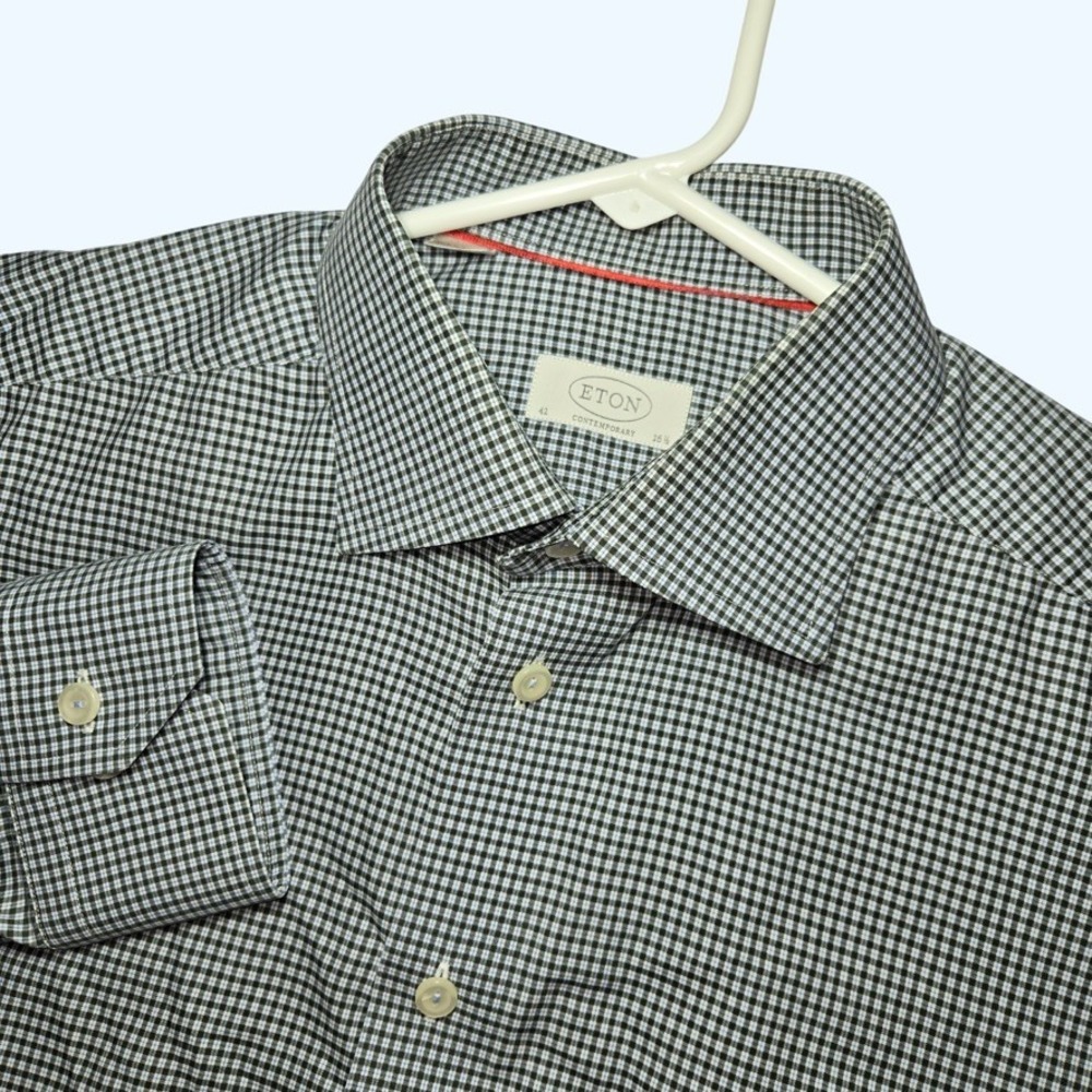 Eton Contemporary Fit Dress Shirt Mens 16.5 42 Black White Micro Check Cotton